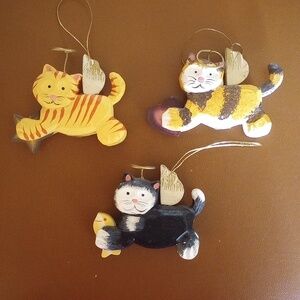 3 Wooden Cat Christmas Ornaments w/ Angel Wings & Halo